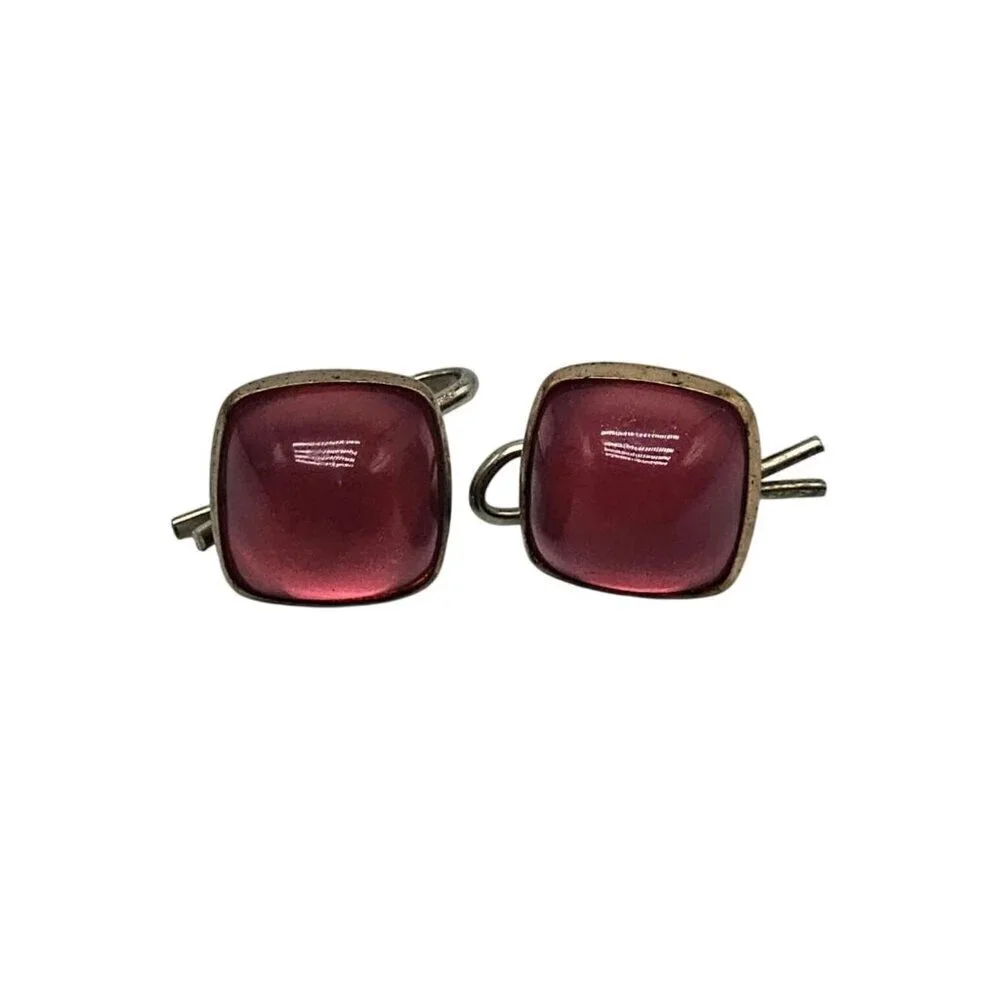 Vintage Square Pink Lucite Cabochon Clip-On Earrings Gold Tone Art Deco
